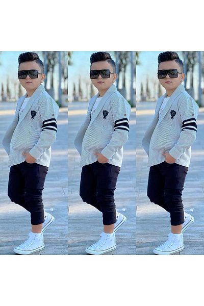 muzur kids سترة بليزر / بنطلون جبردين سفلي / تي شيرت مطبوع قماش جيرسي واحد مكون من 3 قطع