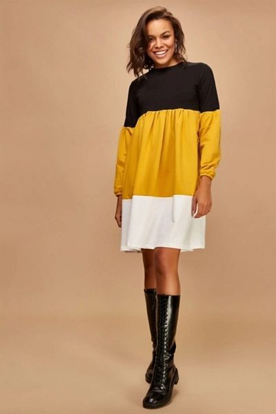 AQE FASHION Rochie tunică cu gât rotund blocat, negru, galben, alb
