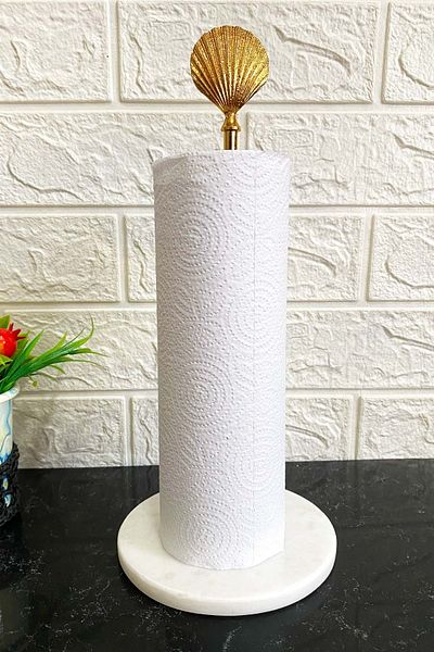 Jenisa White Round Marble Gold Oyster Accessory Decorative Roll Paper Towel Holder