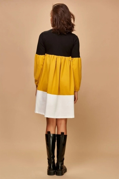 AQE FASHION Γυναικείο Μαύρο Κίτρινο Λευκό Μπλοκ Φόρεμα με στρογγυλή λαιμόκοψη