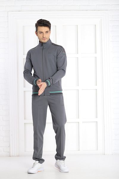 NEED LİFE Men's Dark Gray Comfortable Fit Pocket Pipe Leg Stand Collar Embroidered Double Cotton Tracksuit Set