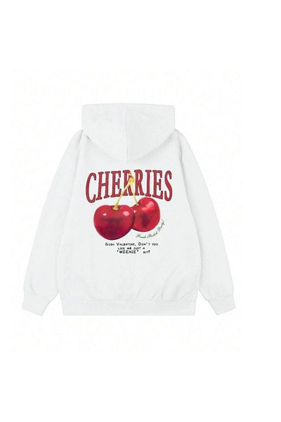Touz Moda Φούτερ με κουκούλα με κουκούλα Street Wear Cherry Printed Unisex Ecru
