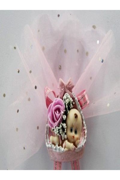 Kazanabil BABY CANDY WITH FLOWER AND BABY BIBLOL IN THE BASKET PINK