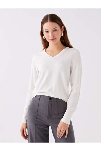 LC Waikiki LCWAIKIKI Basic V Yaka Düz Uzun Kollu Kadın Triko Kazak