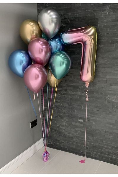 MERİ PARTİ 7 YEARS OLD BIRTHDAY SET RAINBOW FRENCH FOIL BALLON AND CHROME BALLON SET ADULT BIRTHDAY