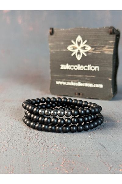 Zuk Collection Onyx and Hematite Stone Set of 3 Natural Stone Bracelet with Gift Wooden Box 10802