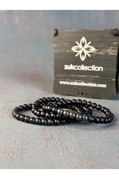 Zuk Collection Onyx and Hematite Stone Set of 3 Natural Stone Bracelet with Gift Wooden Box 10802