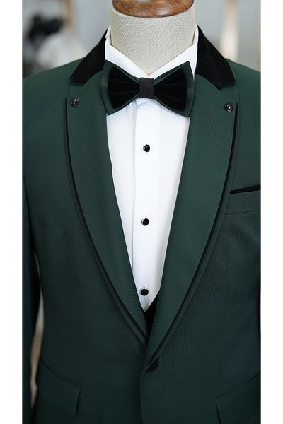LONATOLİA Men's Tuxedo Groom Suit Shawl Collar Italian Cut Slim Fit Jacket Vest Pants Bow Tie-Green