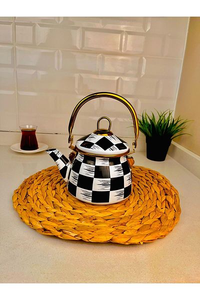 Akkoyunlu home Checkerboard Pattern Gold Handled Enamel Teapot