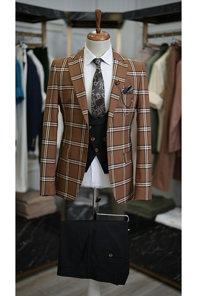 LONATOLİA Ανδρικό κοστούμι ιταλικής κοπής Slim Fit παλτό γιλέκο παντελόνι καφέ