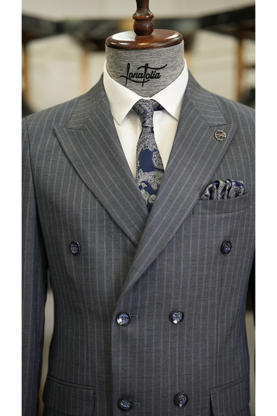 LONATOLİA Erkek Çizgili Kruvaze Takım Elbise İtalyan Stil Slim Fit Ceket Pantolon