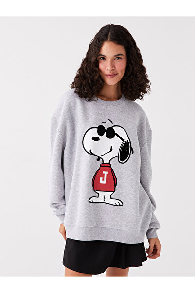 LC Waikiki Bisiklet Yaka Snoopy Baskılı Uzun Kollu Oversize Kadın Sweatshirt