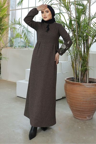 Bestenur Hijab Dress 755 - Καφέ, Κεντημένα Μανίκια