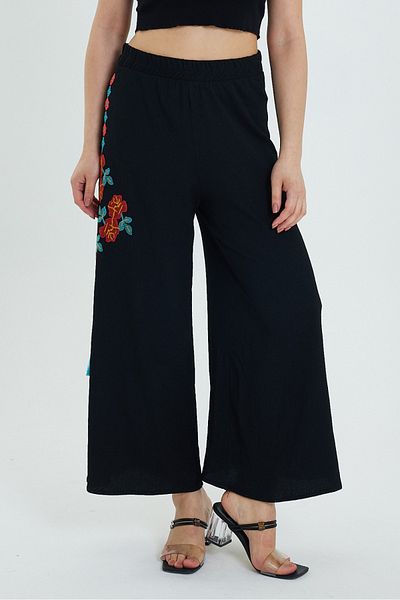 AYASOFYA OTANTIK Women's Black Embroidery Detailed Elastic Waist Loose Knitted Trousers
