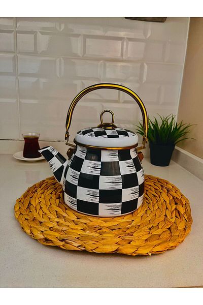 Akkoyunlu home Checkerboard Pattern Gold Handled Enamel Teapot