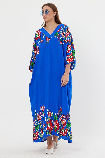 AYASOFYA OTANTIK Rochie de damă, albastră, cu decolteu în V, cu model de flori