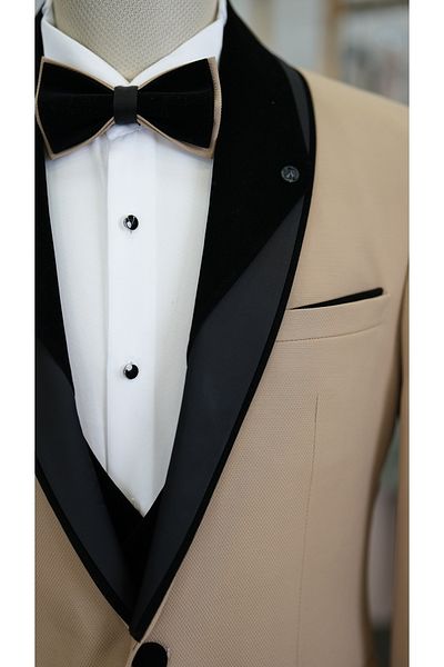 LONATOLİA Men's Tuxedo Groom Suit Shawl Collar Italian Cut Slim Fit Jacket Vest Pants Bow Tie-Cream
