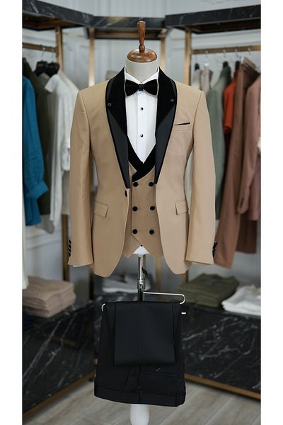 LONATOLİA Men's Tuxedo Groom Suit Shawl Collar Italian Cut Slim Fit Jacket Vest Pants Bow Tie-Cream