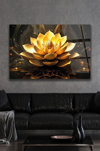 ACRES Altın Lotus Çiçeği Dekoratif Yatay Cam Tablo