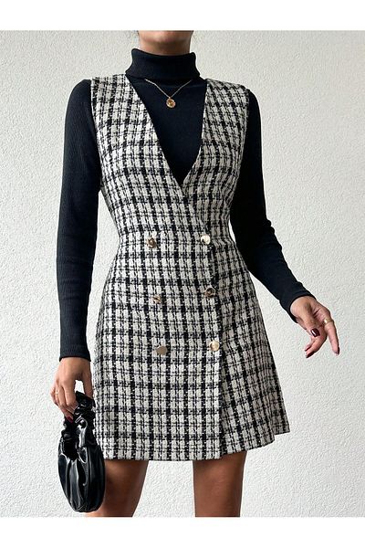 Smart Moda Λεπτομέρεια με κουμπιά V-λαιμόκοψη Αμάνικο Tweed Φόρεμα EL9393