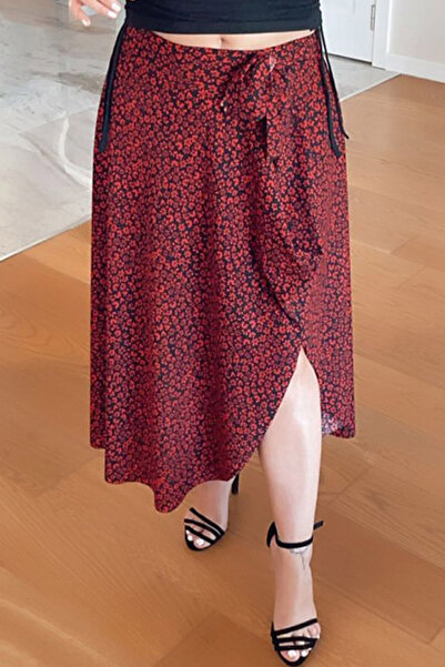 CoolLook Kruvaze Asimetrik Kesim Beli Kuşak Bağlamalı Yırtmaçlı Çiçekli Bilek Boy Uzun Etek