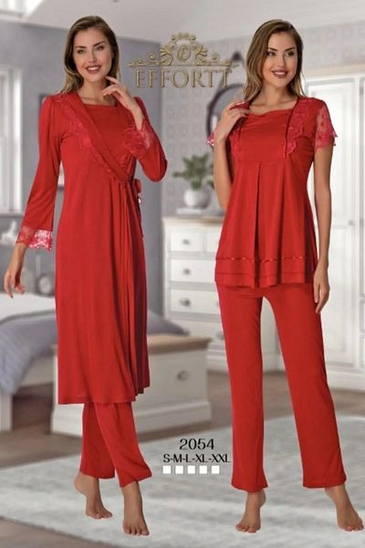 effort Effortt Maternity 3-Piece Pajama Set with Lace Detailed Dressing Gown