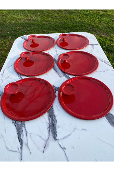 Mira züccaciye 2 Model 6-Piece Red Round Tray and 6-Piece Red Macaron Bowl Coffee and Pastry Serving Presentation Tray