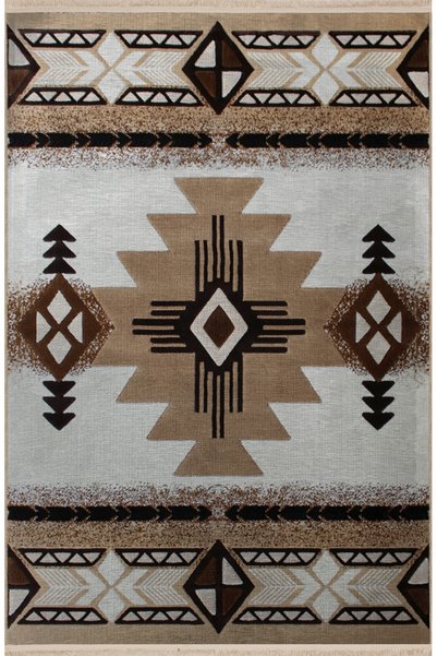 Rugs Modern Halı Brown Beige Themed Traditional Motif Patterned Fringed Vinta...