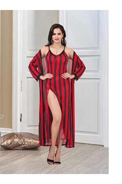 ESİLORA Kadın Seksi Fantezi Erotik Uzun Elbise Saten Dantelli Gecelik Sabahlık Pijama Leopar İç Çamaşır