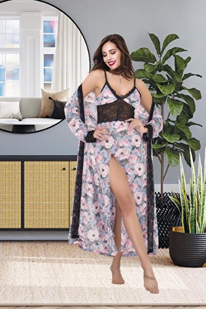 ESİLORA Kadın Seksi Fantezi Erotik Uzun Elbise Saten Dantelli Gecelik Sabahlık Pijama Leopar İç Çamaşır