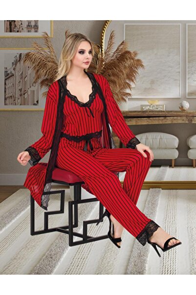 ESİLORA Kadın Seksi Fantezi Erotik Dantelli PamukSaten LuxKalite Askılı Pijama Sabahlık Gecelik Set 3 Parça