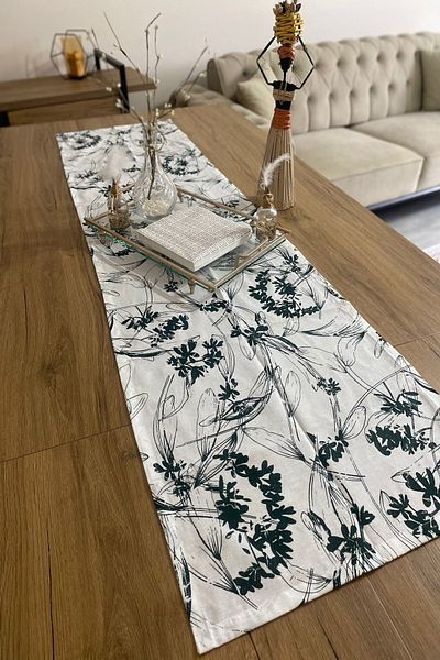 Emtory Home 40x150 Runner decorativ din in fin cu flori verzi