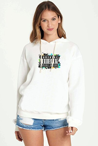 QIVI Parental Advisory Printed White Women's Knitted Hooded Sweatshirt Long S...