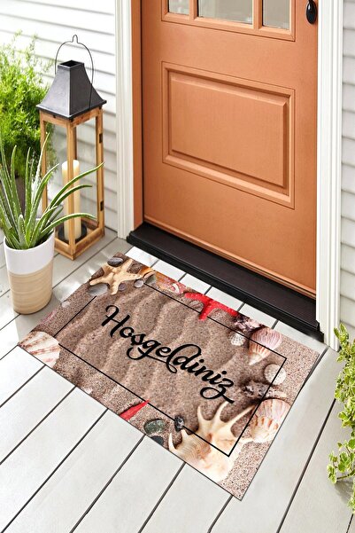 Evsebu Dekoratif Kapı Önü Paspası Hoş Geldiniz Kumsal Bej