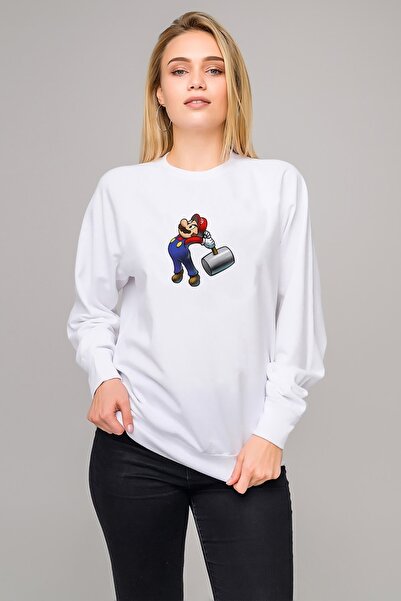 QIVI سويت شيرت نسائي أبيض من ماريو لويجي باوزر داخل قصة باوزر مطبوع بأكمام طويلة