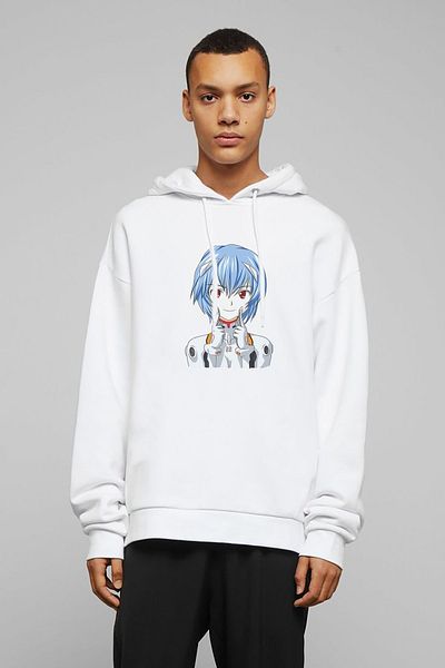 QIVI Anime Evangelion εμπριμέ λευκό ανδρικό πλεκτό φούτερ με κουκούλα μακρυμάνικο
