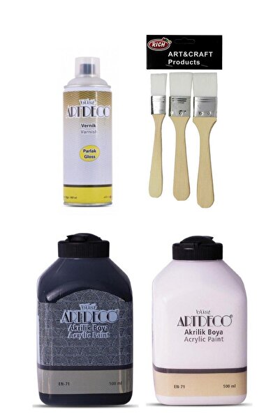 Artdeco Akrilik Boya Siyah Beyaz 2 X 500 Ml. + Rich Zemin Fırça 3'lü + Parlak Sprey Vernik (400 Ml.)