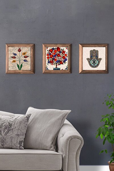 Oscar Stone Decor Masif Ahşap Çerçeveli 3'lü Set Taş Tablo Pano 28X28cm Berek...