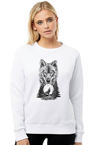 QIVI سويت شيرت نسائي محبوك بأكمام طويلة مطبوع عليه قمر أبيض وولف أبيض