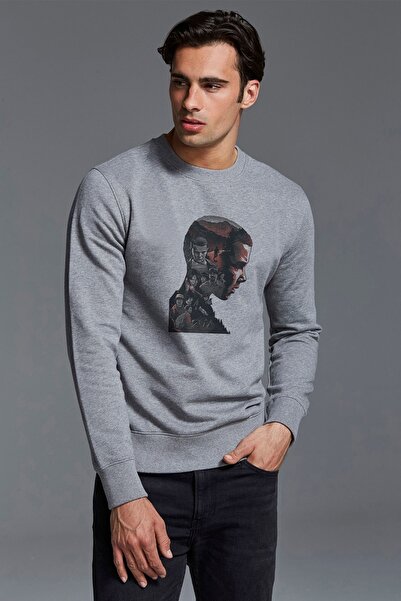QIVI Men's Gray Stranger Things Hand Printed Knitted Sweatshirt Long Sleeve