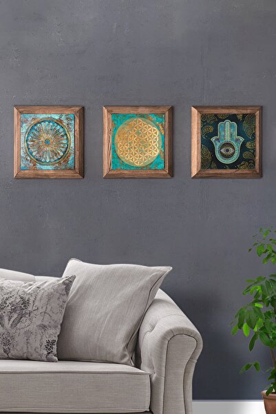 Oscar Stone Decor Masif (ahşap) Çerçeveli 3'lü Set Taş Tablo Pano 28x28cm Şah...