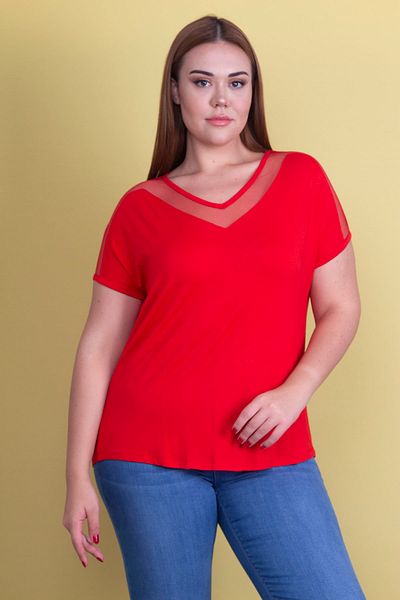 Şans Women's Large Size Red Collar and Sleeves Tulle Detailed Viscose Blouse 65n24290