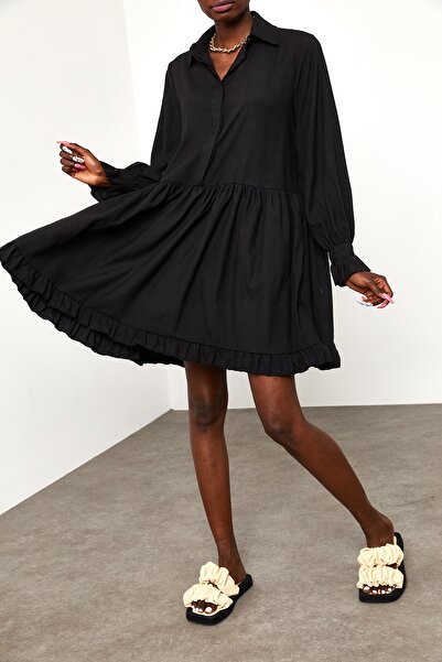 XHAN Dámské černé šaty s košilovým límečkem 1YZK6-11813-02