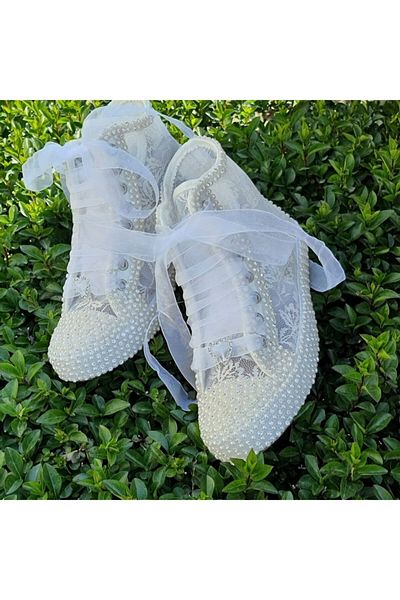 Ayakkabı Tutkusu Stilo ® Pantofi de mireasa din dantela alba de dama cu piatra si perla 2 cm