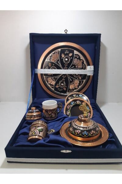 Burcu Bakır Bakır Kutulu 2 Li Kahve Takımı El İşi Siyah İşçilik