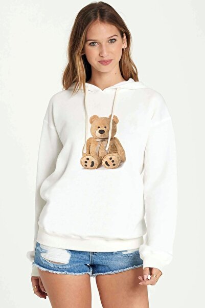 QIVI Pliš Medved Medved Štampano Bela ženska Pleteno majica sa kapuljačom dug...