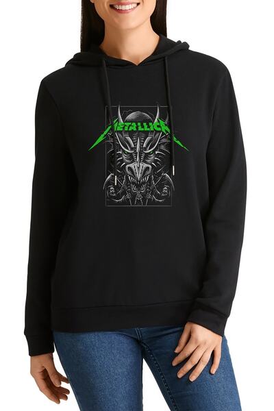 QIVI سويت شيرت نسائي بقلنسوة مطبوع عليه ملصق ميتاليكا ستوكهولم سويدي روك ميتال باللون الأسود