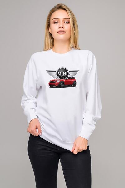 QIVI سويت شيرت نسائي محبوك أبيض بأكمام طويلة مطبوع عليه ميني كوبر