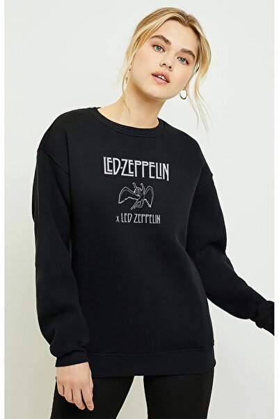 QIVI Women's Led Zeppelin Angel Black Printed Black Knitted Long Sleeve Sweat...
