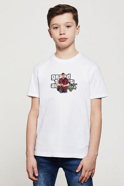 QIVI Tricou alb cu imprimeu Gta V Michael De Santa pentru baieti